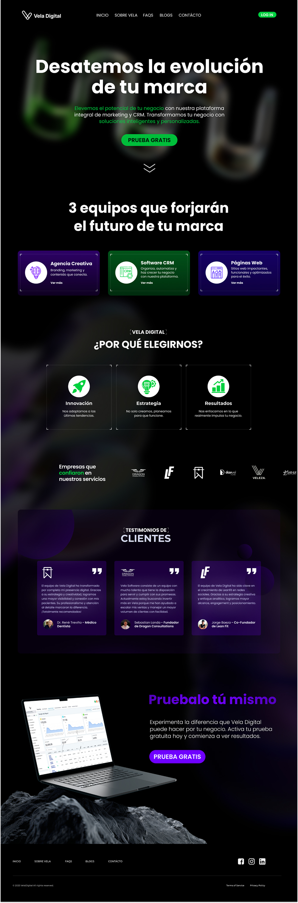 Vela Digital: portada con los equipos, los servicios y los testimonios de clientes
