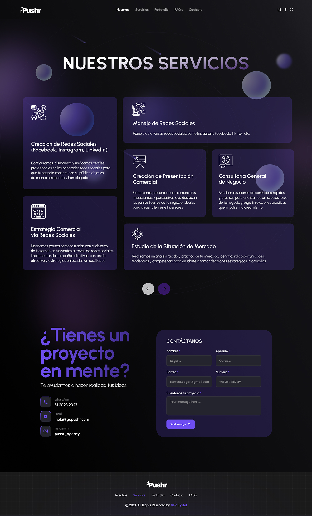 Pushr: sección de servicios y formulario de contacto