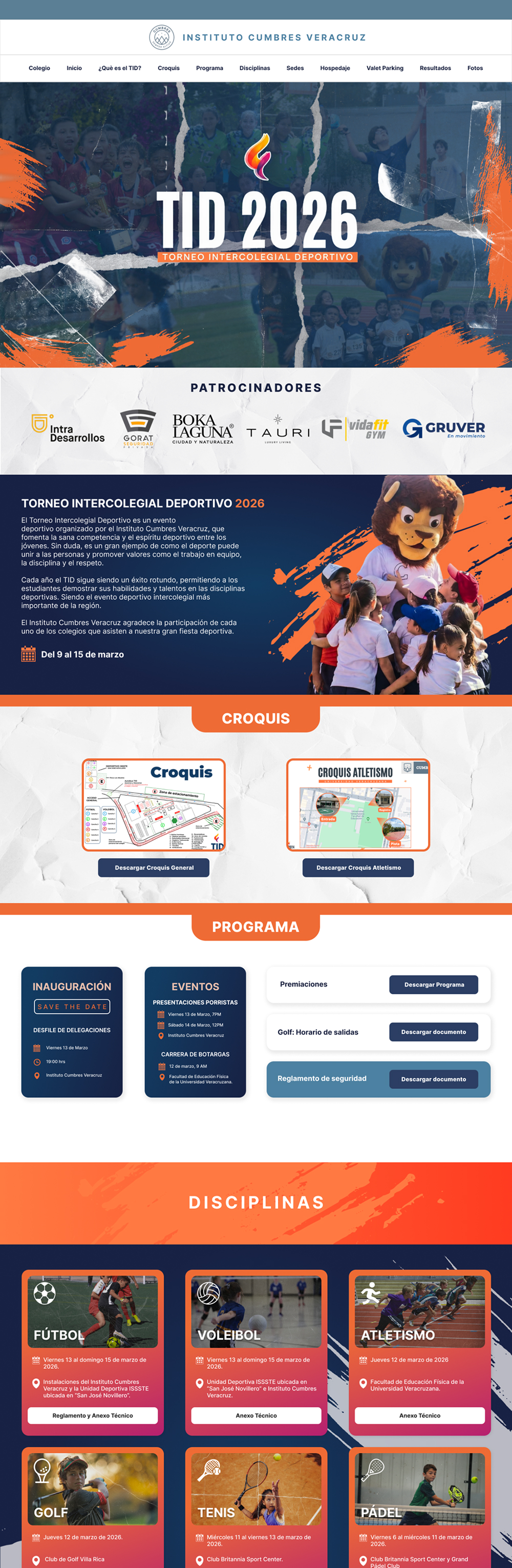 Torneo Interescolar Deportivo 2026: portada con patrocinadores, programa y disciplinas