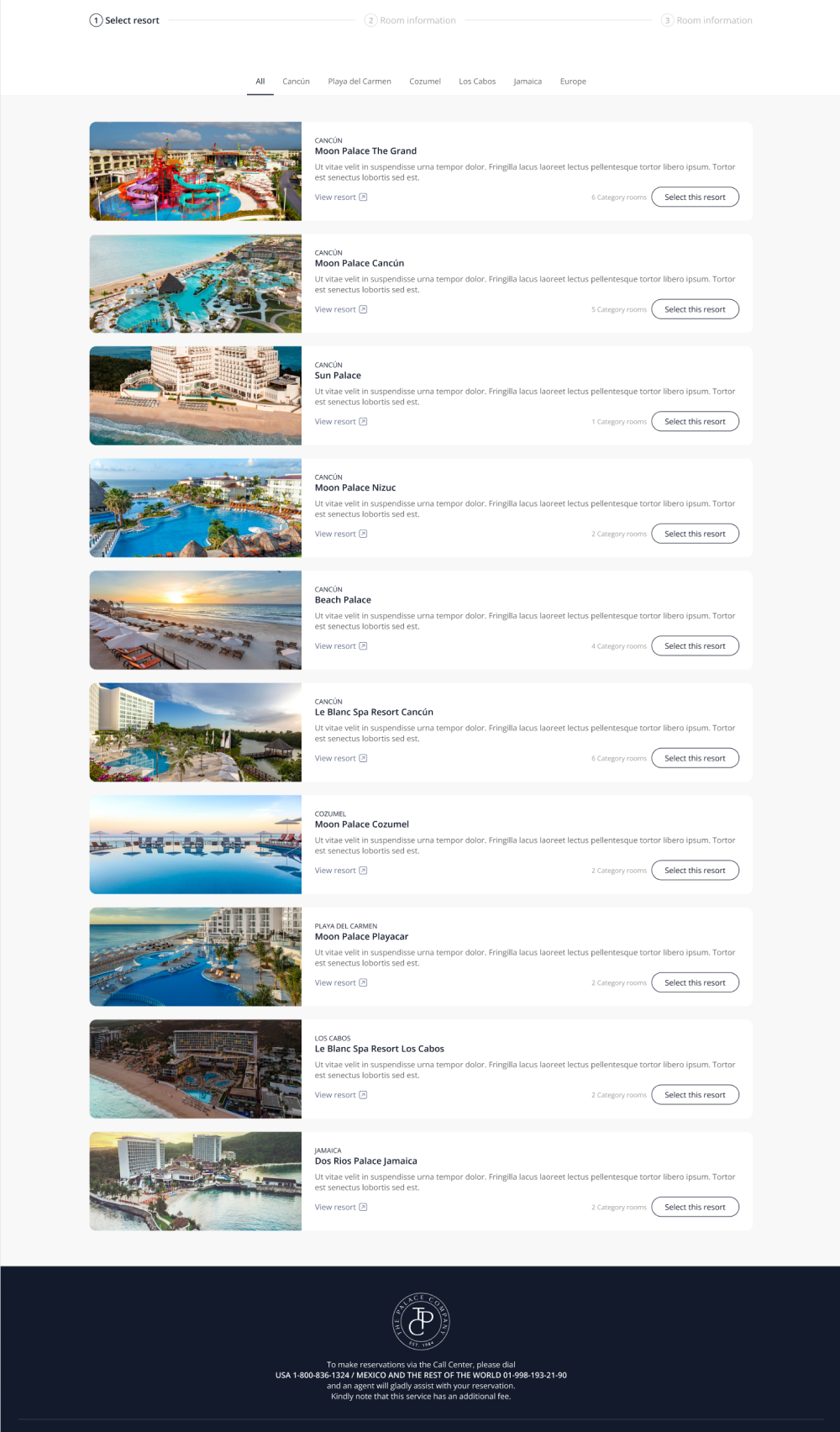 Sitio de reservas: listado de resorts disponibles
