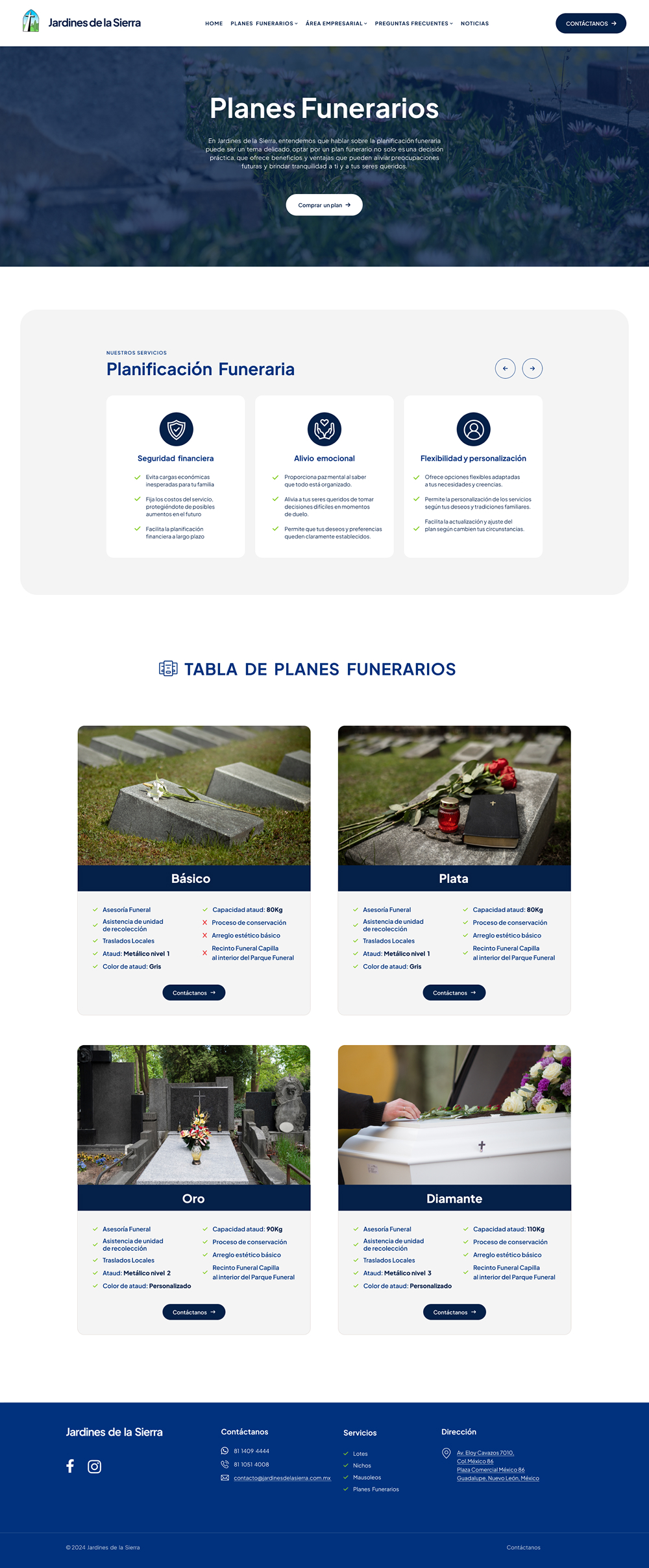 Jardines de la Sierra: página de planes funerarios con tabla comparativa