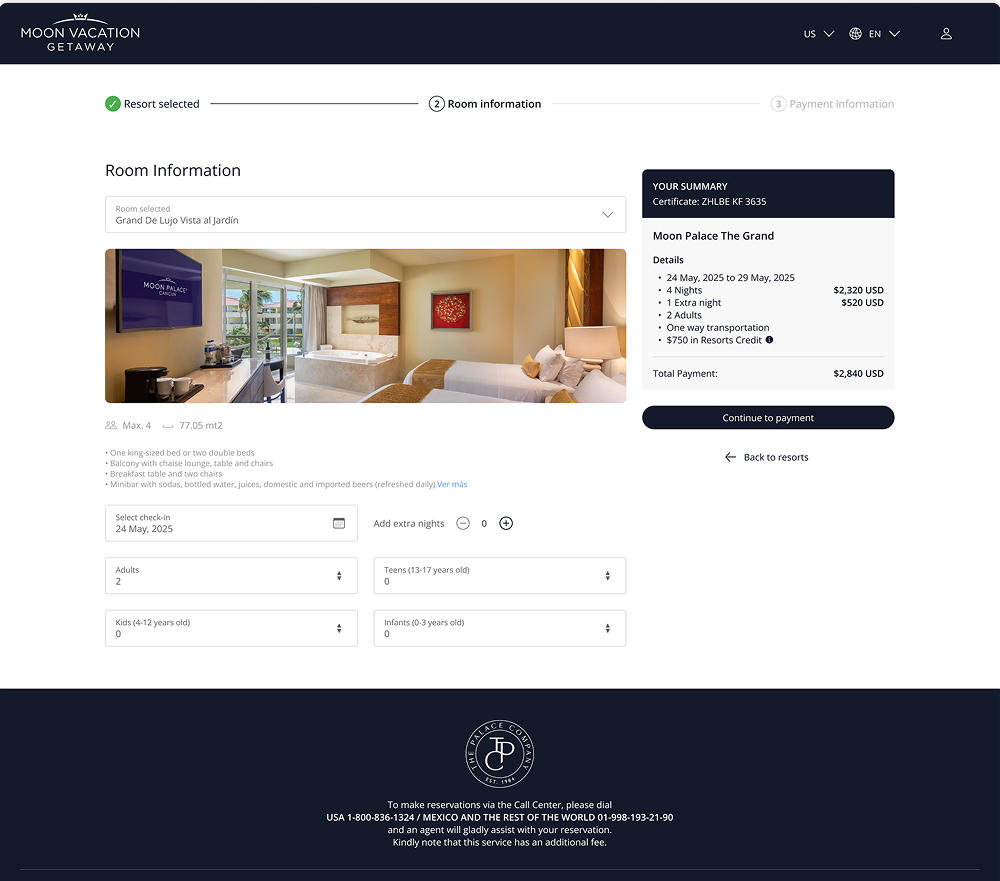 Moon Vacation Getaway: paso de información de la habitación dentro del flujo de reservación
