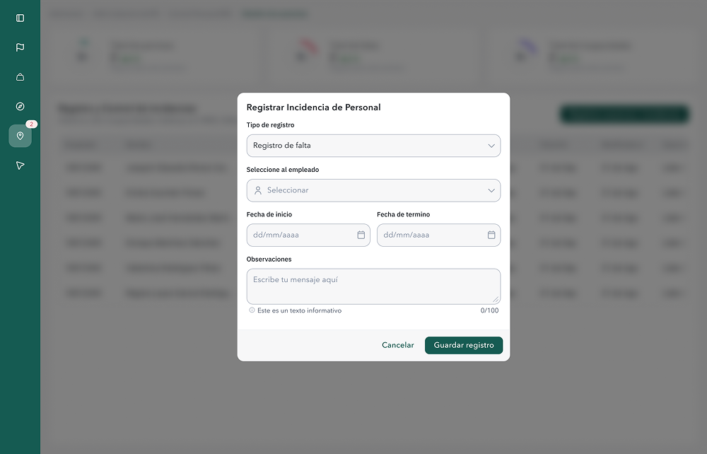 Plataforma interna de personal: formulario para registrar una incidencia