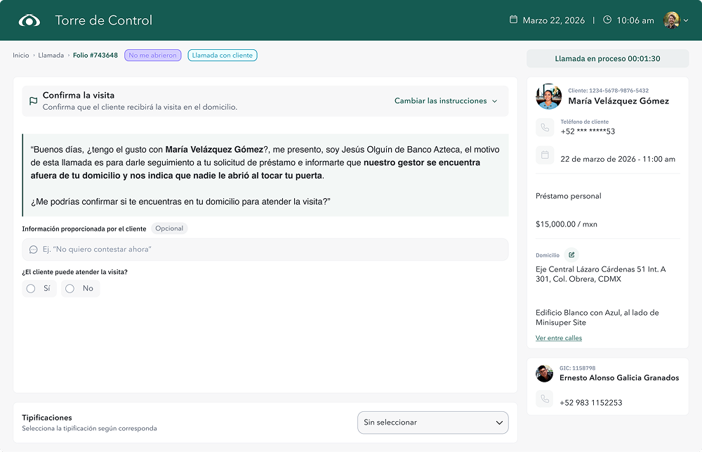 Torre de Control: pantalla de llamada con el guion de confirmación de visita y los datos del cliente