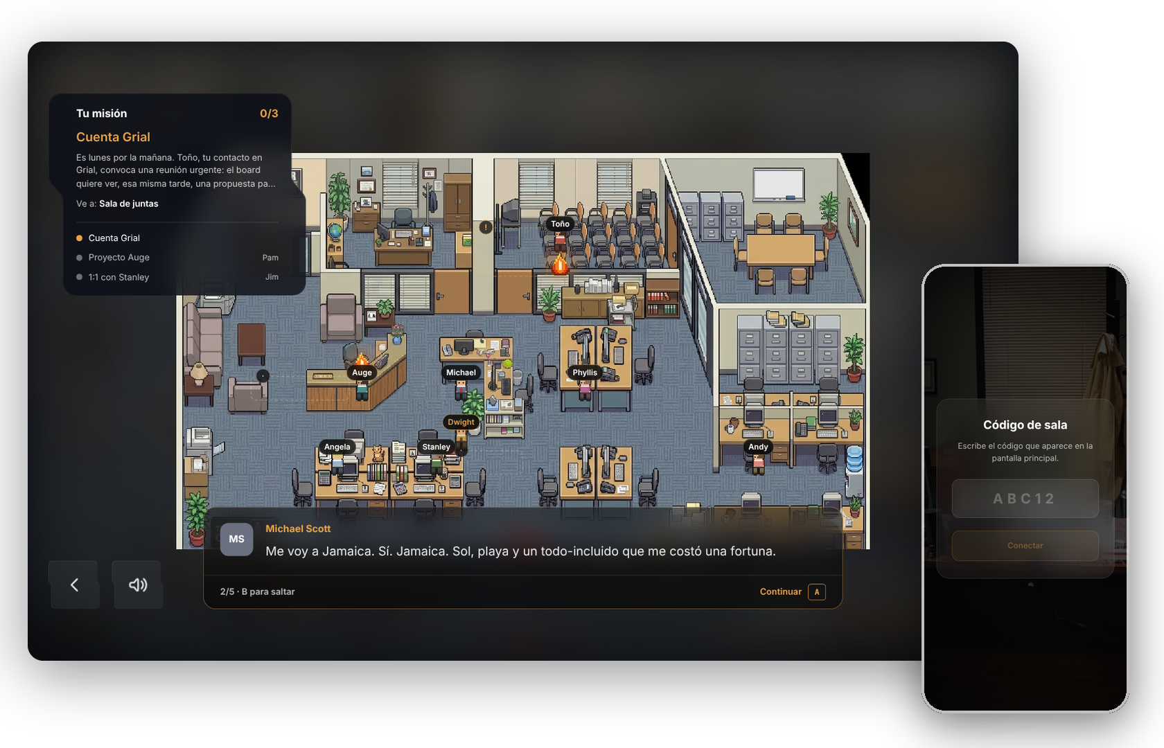 Mapa pixel art del juego The Office con el mando en el teléfono